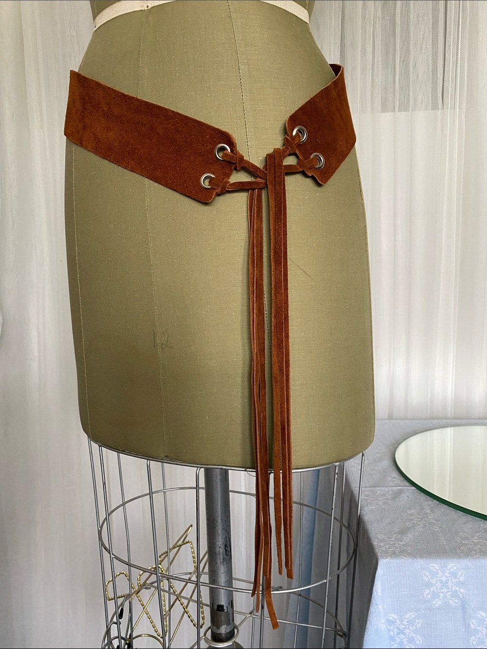 Brown/Nutmeg Suede Lace-Up Adjustable Obi Belt Skirt Accessory Boho Chic
